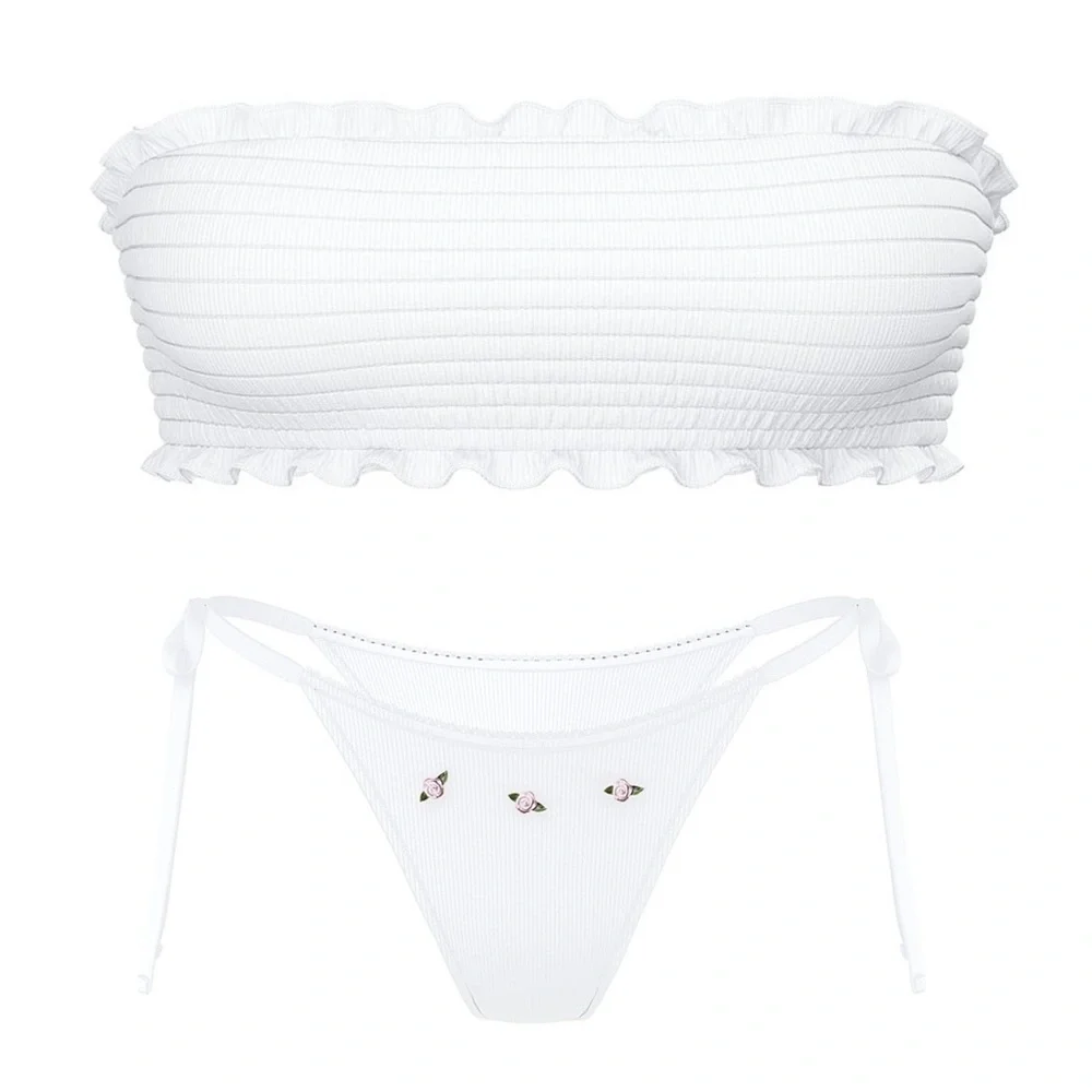 NWT Frankie’s Bikinis Iris Rib Top & Rosemary Itsy Rib Bikini VS White Size S